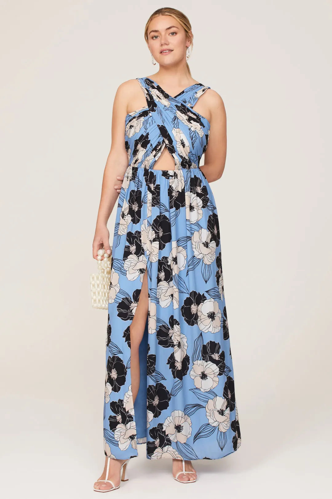 Floral Print A-Line Halter Neck Sleeveless Cutout Front Slit Maxi Prom Dress
