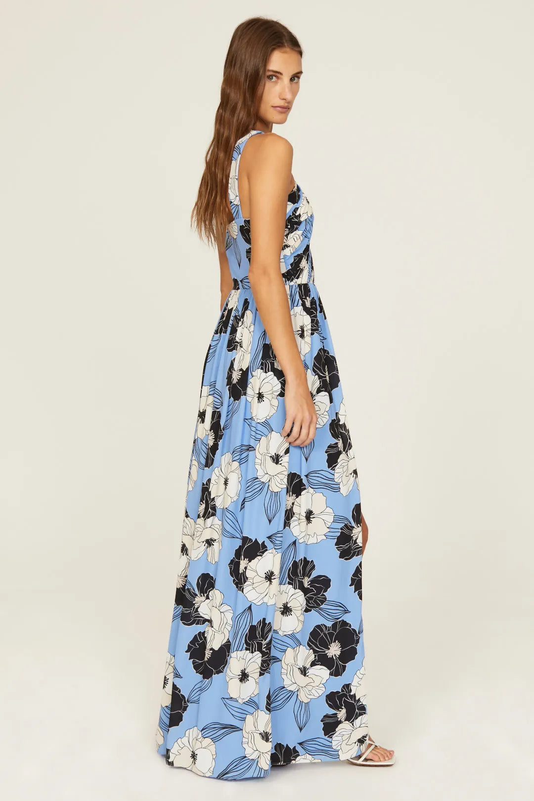 Floral Print A-Line Halter Neck Sleeveless Cutout Front Slit Maxi Prom Dress