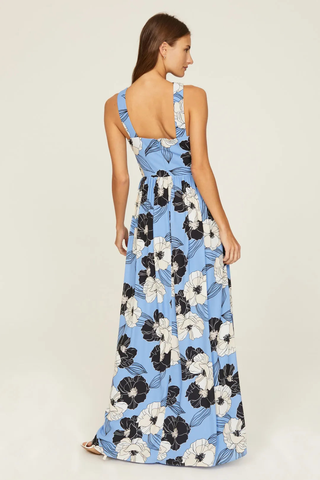 Floral Print A-Line Halter Neck Sleeveless Cutout Front Slit Maxi Prom Dress