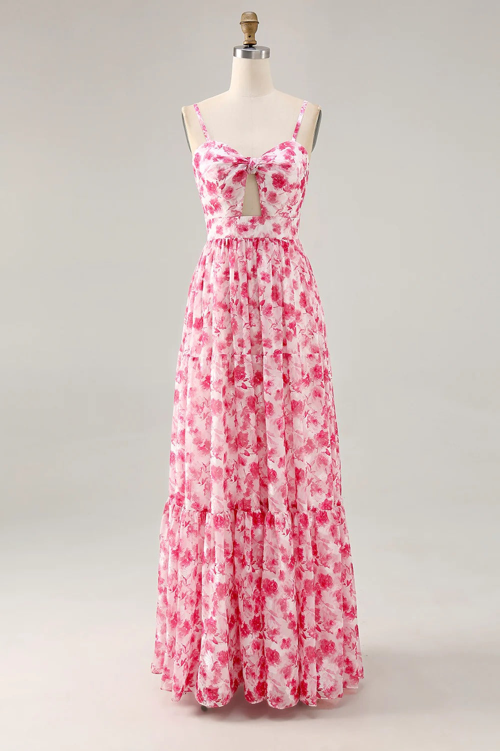 Floral Tiered Chiffon Maxi Dress with Cutout Bust
