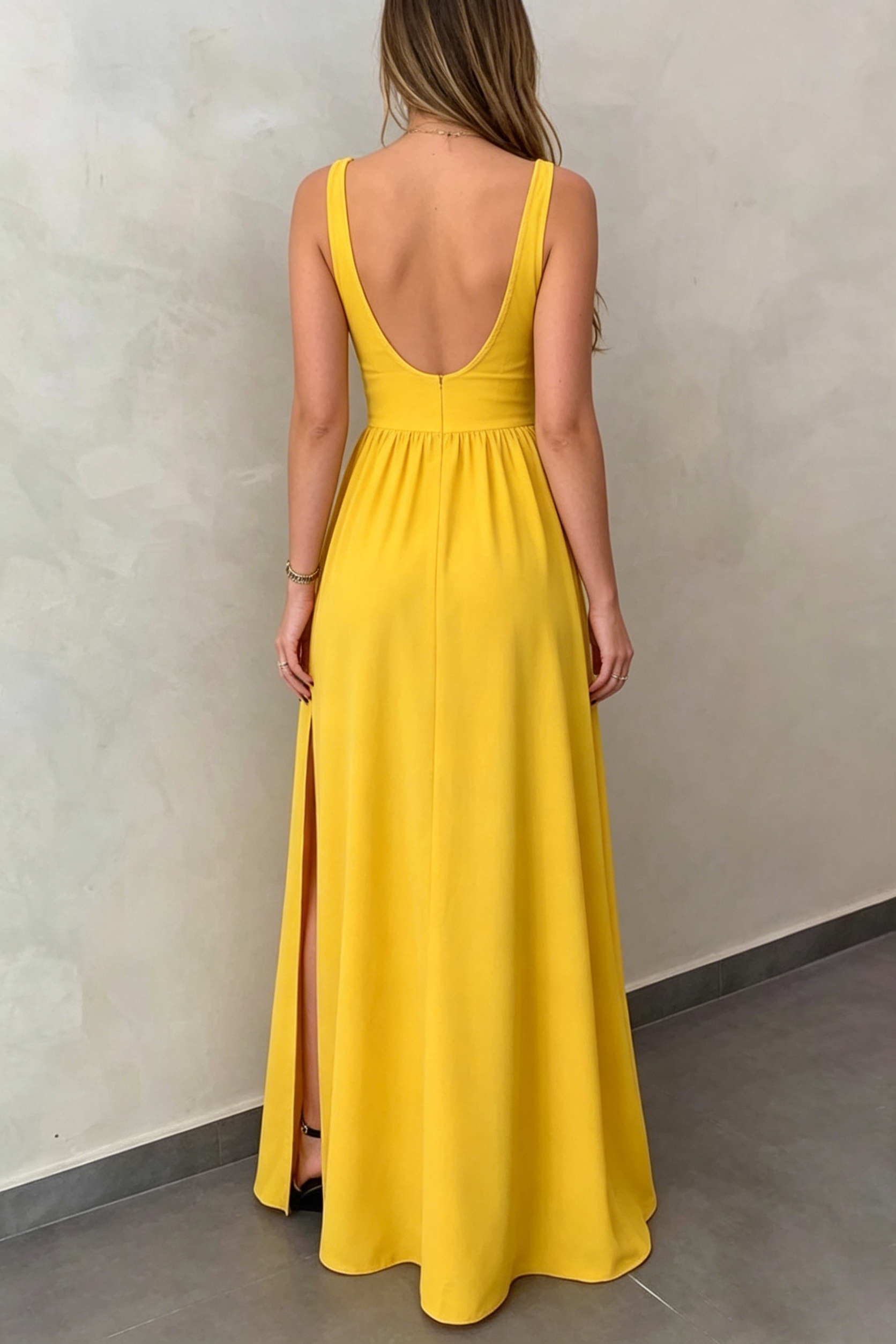 Flowy A-Line Deep V-Neck Sleeveless Open-Back Floor-Length Slit Evening Dress