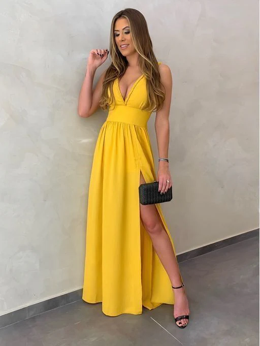 Flowy A-Line Deep V-Neck Sleeveless Open-Back Floor-Length Slit Evening Dress