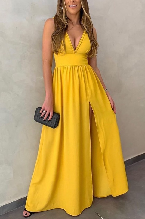 Flowy A-Line Deep V-Neck Sleeveless Open-Back Floor-Length Slit Evening Dress