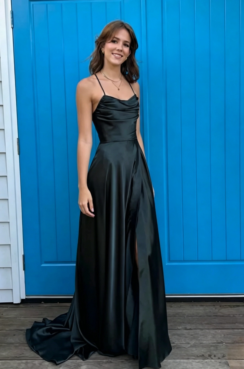 Forest Green Satin A-Line Floor-Length Cowl Neck Dress with High Slit