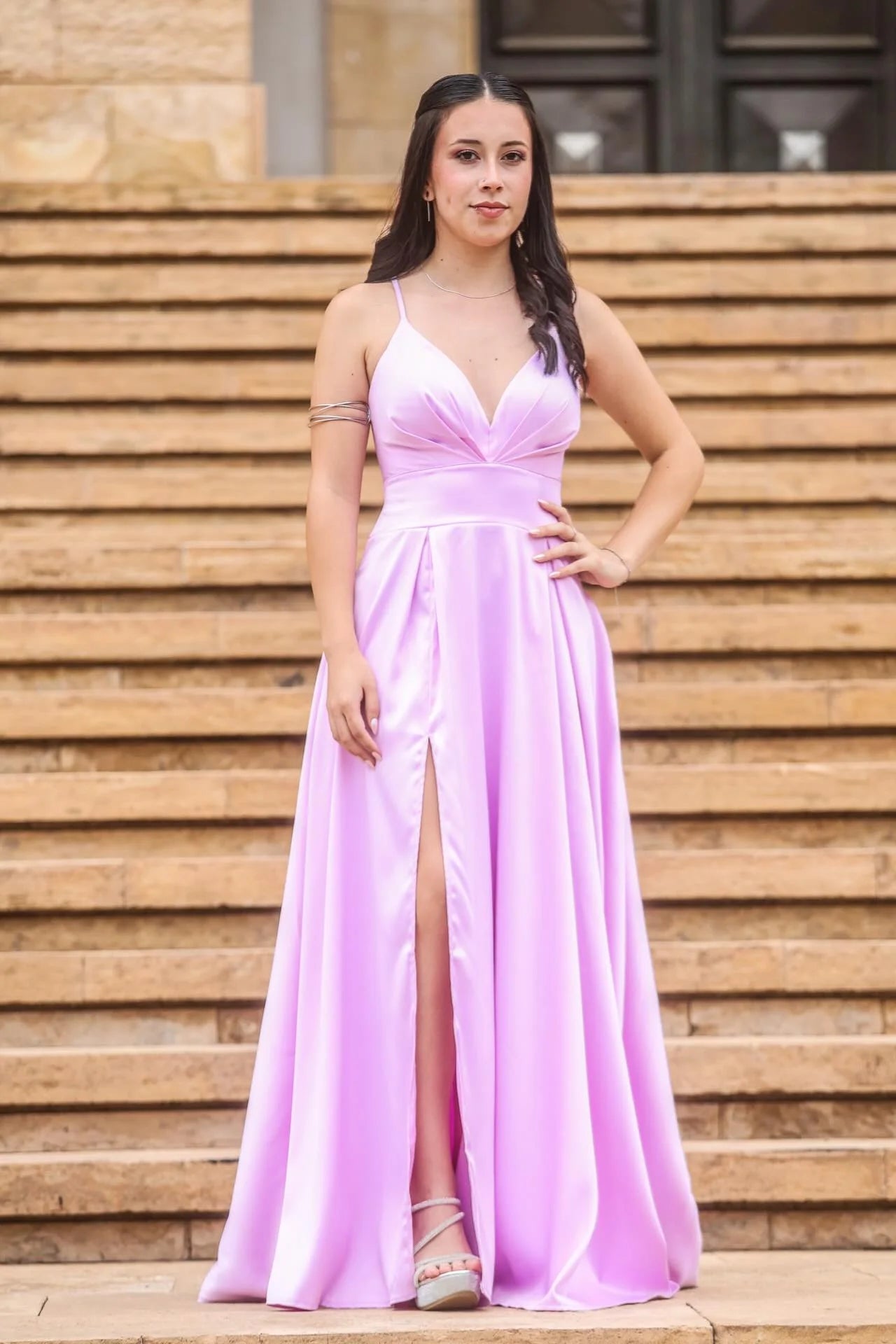 Lilac Satin A-Line V-Neck Floor-Length Gown