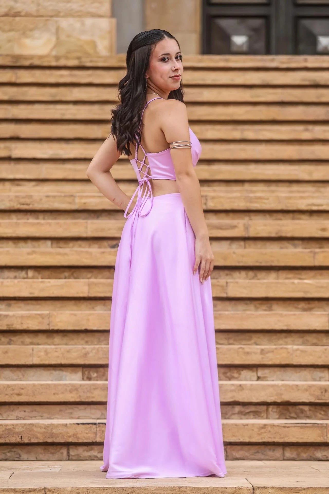 Lilac Satin A-Line V-Neck Floor-Length Gown