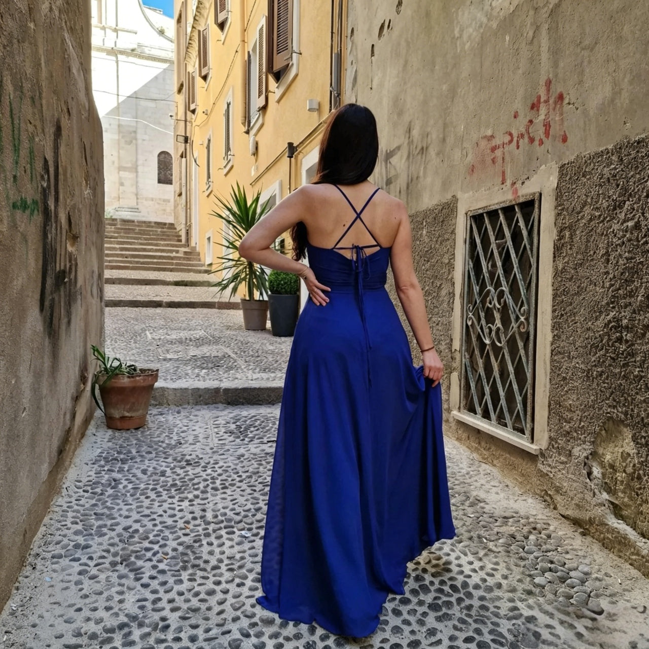 Flowy A-Line Spaghetti Strap Ruched V-Neck Crisscross Back Slit Chiffon Royal Blue Evening Dress