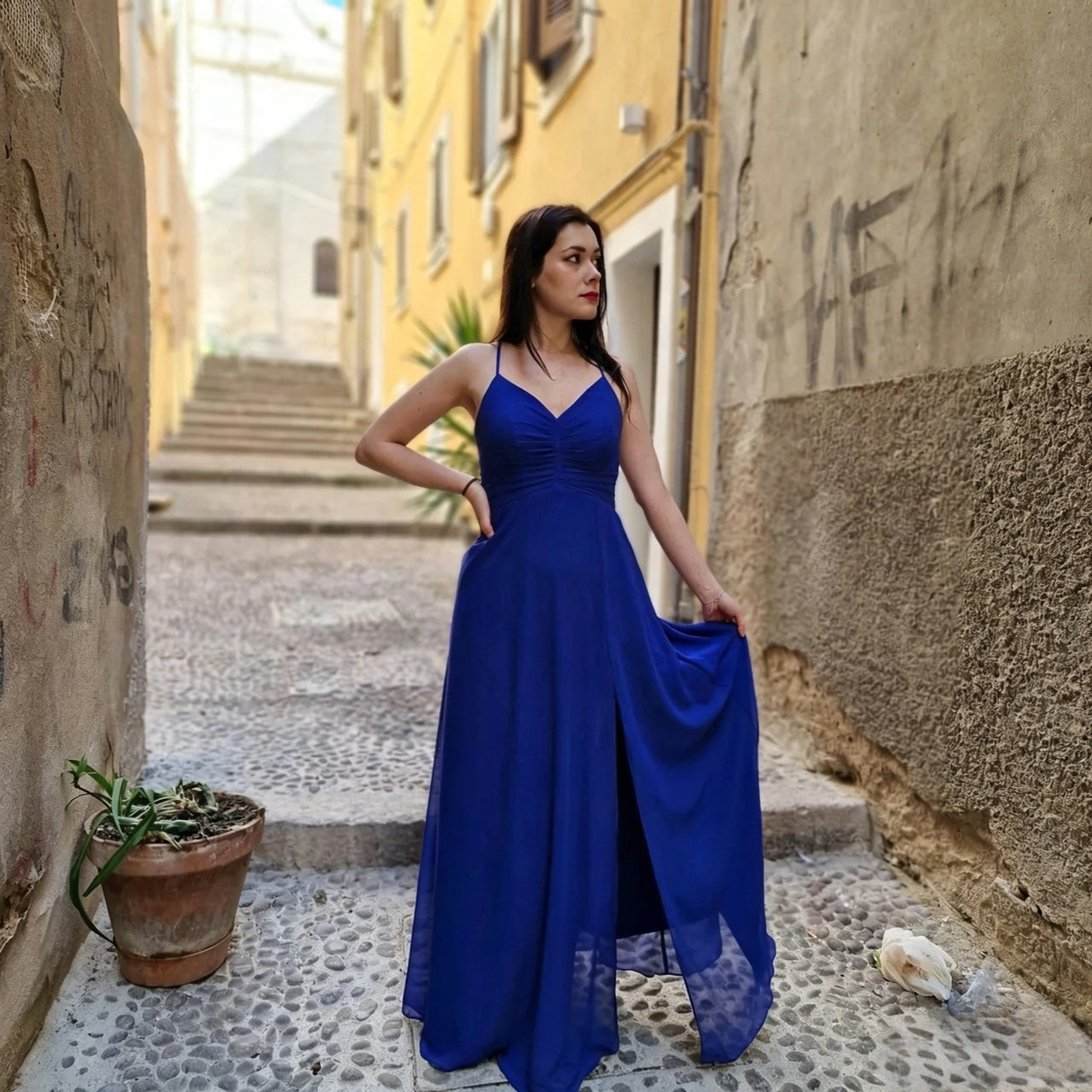 Flowy A-Line Spaghetti Strap Ruched V-Neck Crisscross Back Slit Chiffon Royal Blue Evening Dress