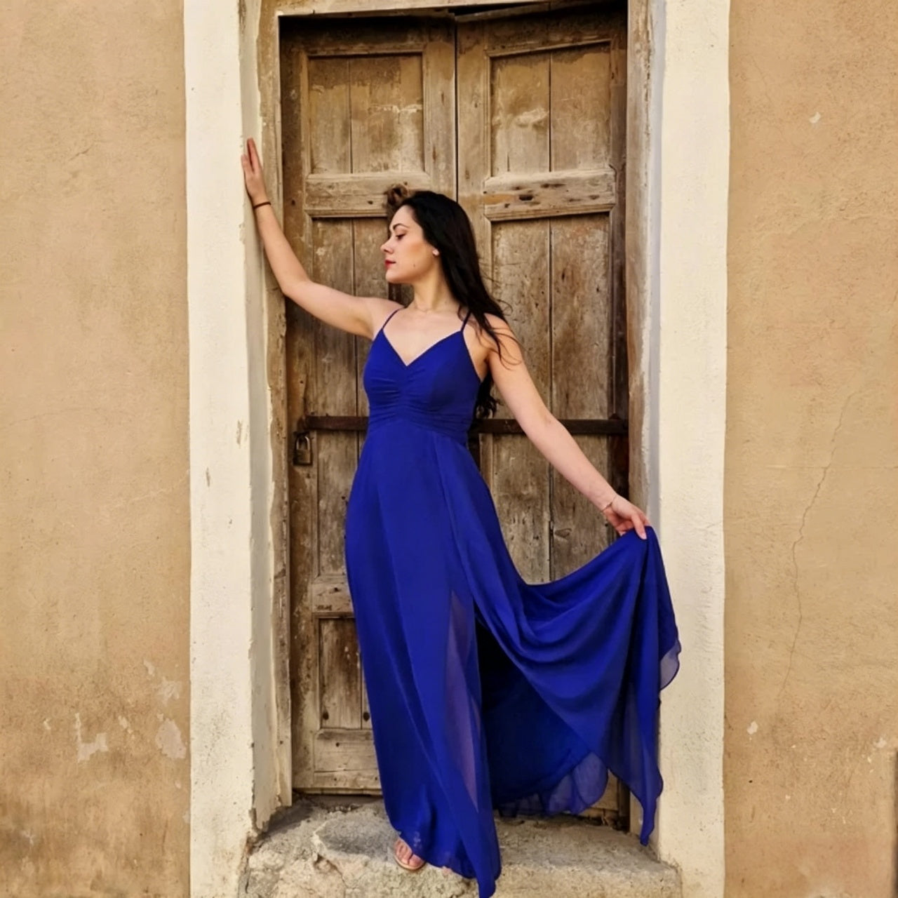 Flowy A-Line Spaghetti Strap Ruched V-Neck Crisscross Back Slit Chiffon Royal Blue Evening Dress