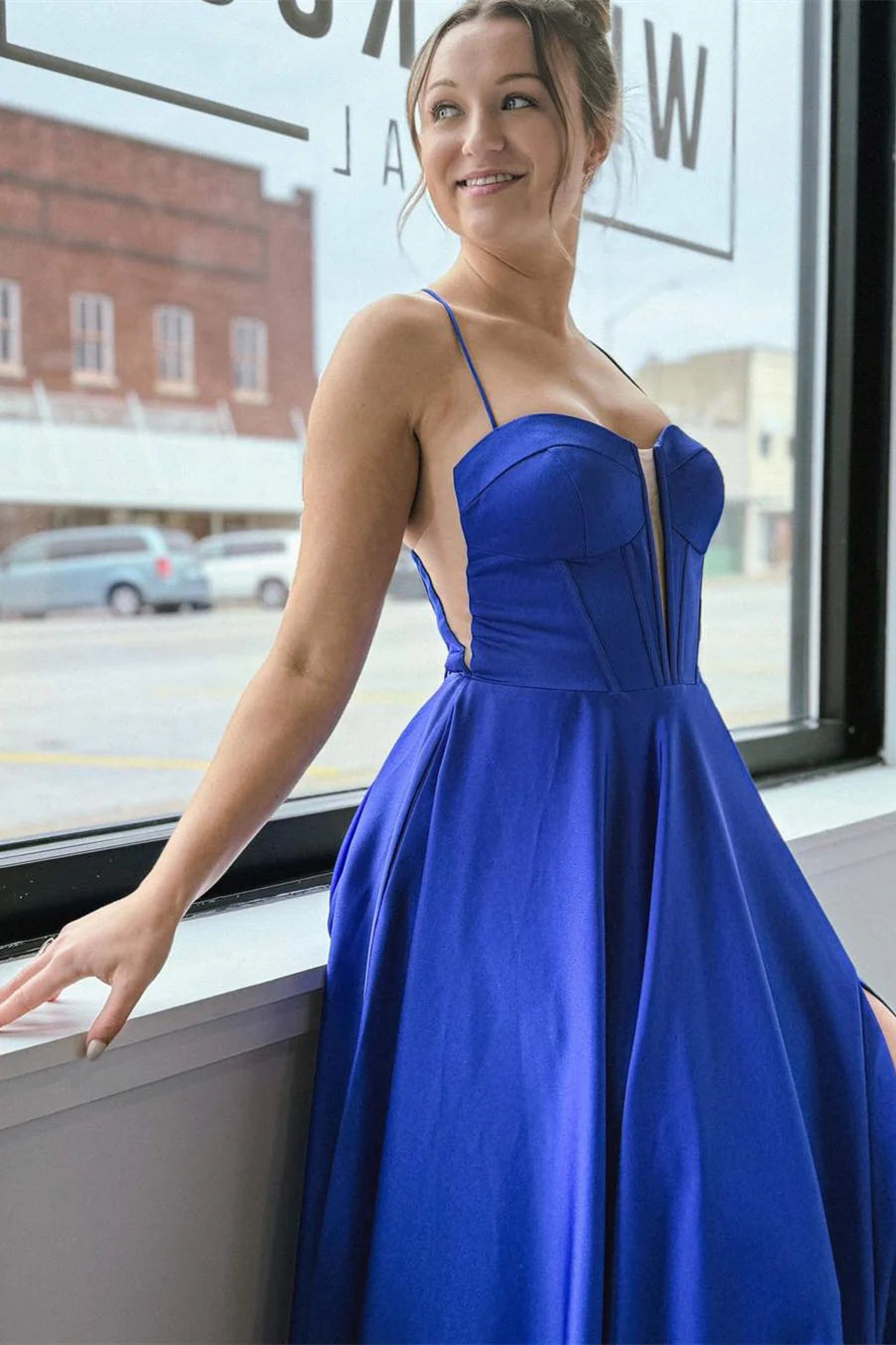 Royal Blue Satin A-Line Floor-Length Evening Dress with Plunging V-Neck and High Slit