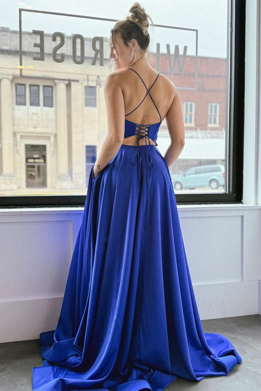 Royal Blue Satin A-Line Floor-Length Evening Dress with Plunging V-Neck and High Slit