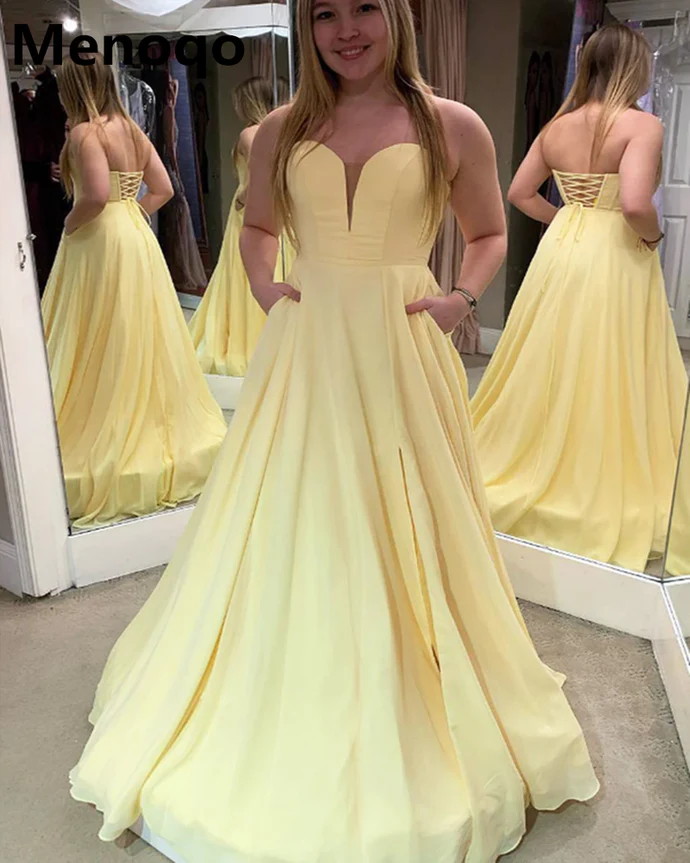 Flowy A-Line Sweetheart Strapless Lace-Up-Back Floor-Length Pocket Chiffon Evening Dress