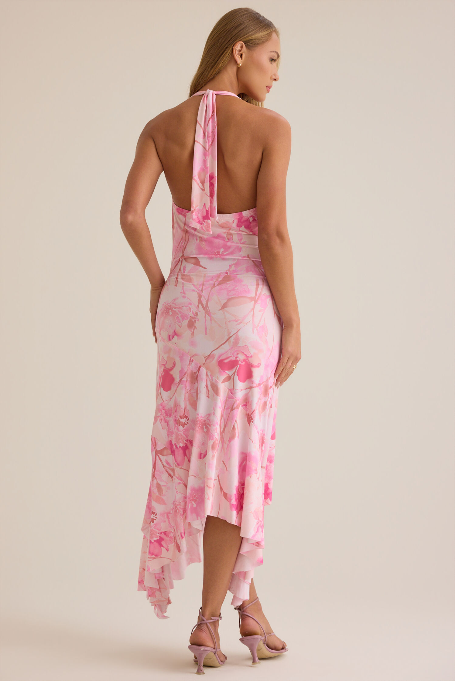 Flowy Floral Print Halter Cowl-Neck Asymmetric Midi Prom Dresses