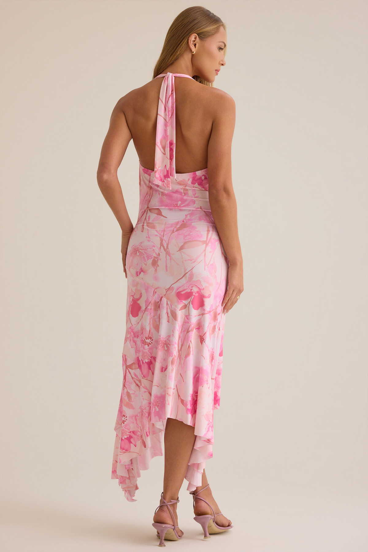 Pink Satin A-Line High-Low Dress with Cowl Neck and Backless Design