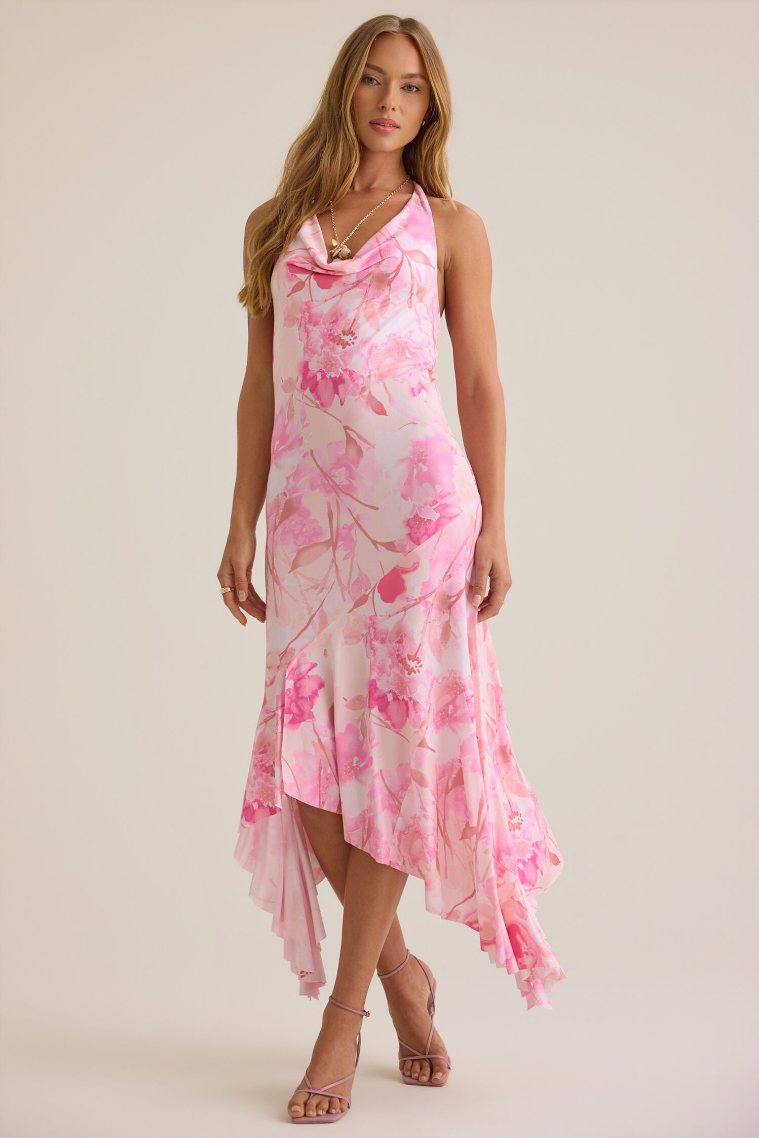 Flowy Floral Print Halter Cowl-Neck Asymmetric Midi Prom Dresses