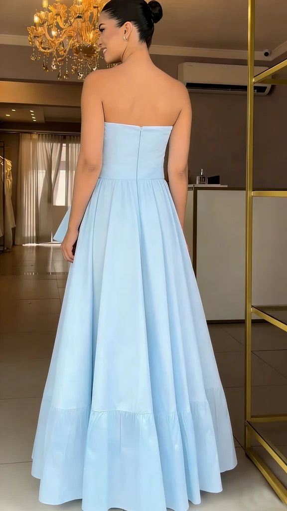 Sky Blue Satin A-Line Floor-Length Bridesmaid Dress with Straight Neck & Oversized Bow