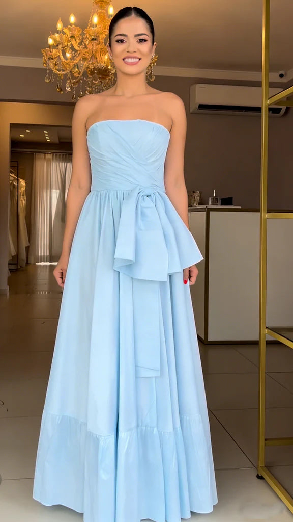 Flowy Light Blue Strapless A-Line Waist Bow Ruffled Hem Floor-Length Evening Dresses