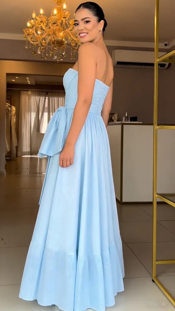 Flowy Light Blue Strapless A-Line Waist Bow Ruffled Hem Floor-Length Evening Dresses