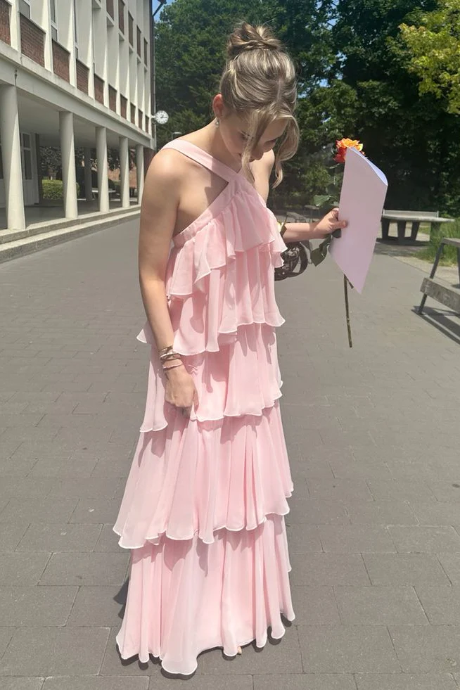 Pink Chiffon A-Line Halter Neckline Floor-Length Bridesmaid Dress with Tiered Ruffles