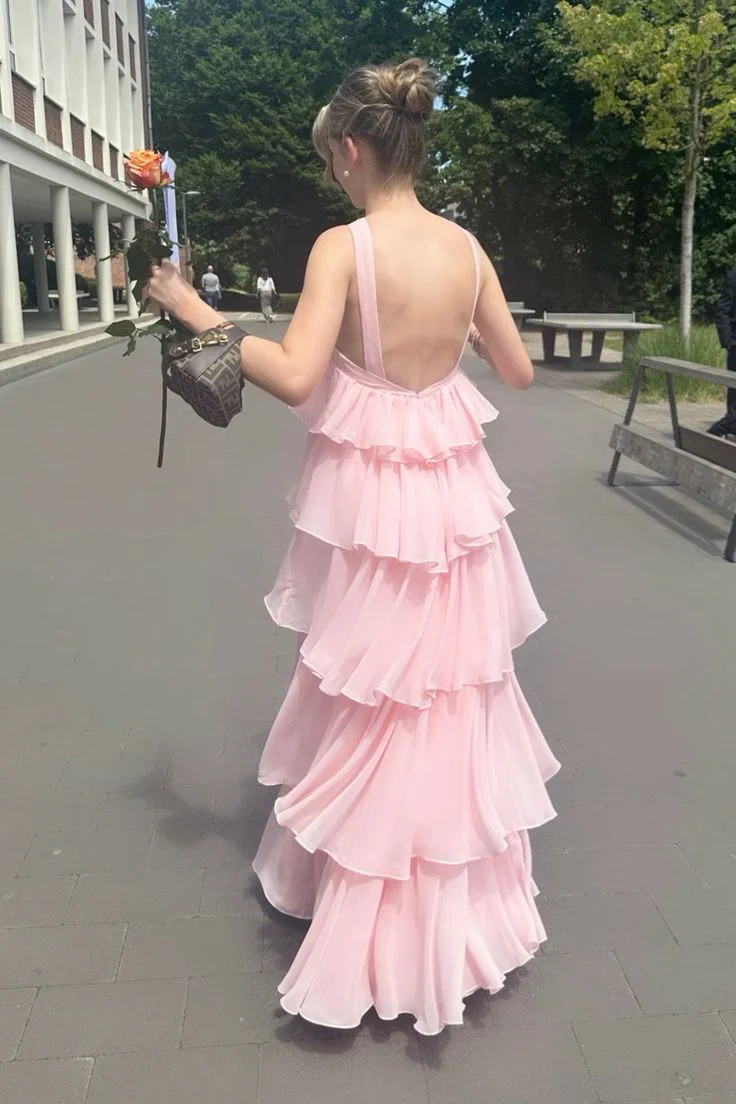 Pink Chiffon A-Line Halter Neckline Floor-Length Bridesmaid Dress with Tiered Ruffles