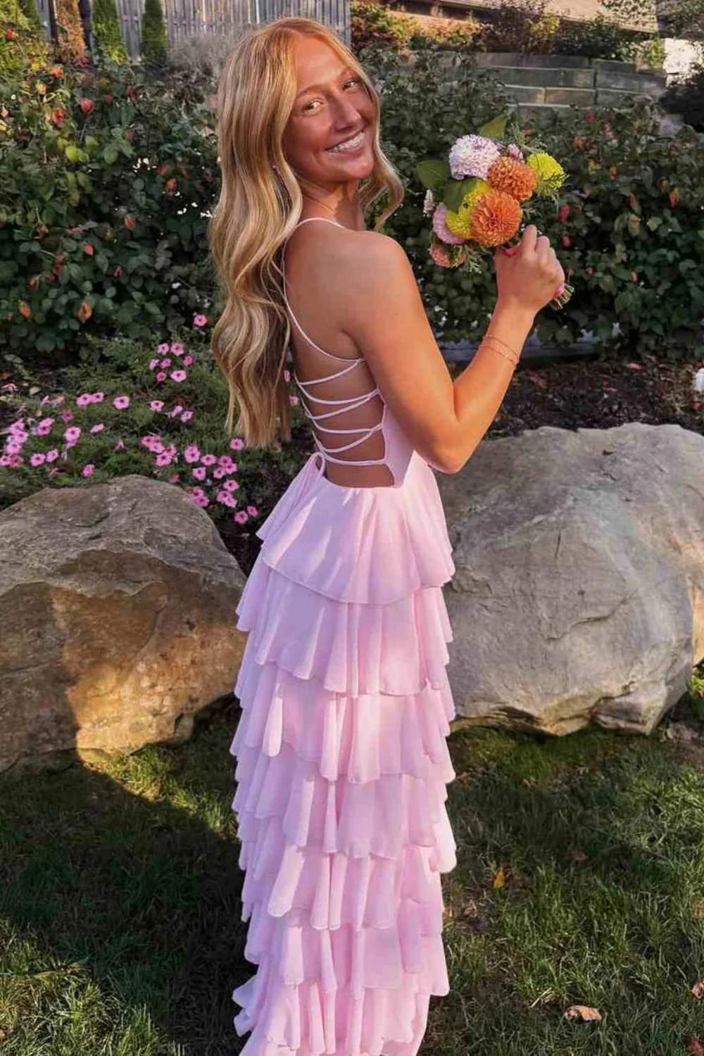 Blushing Pink Chiffon Sweetheart A-Line Floor-Length Bridesmaid Dress with Tiered Ruffles & High Slit
