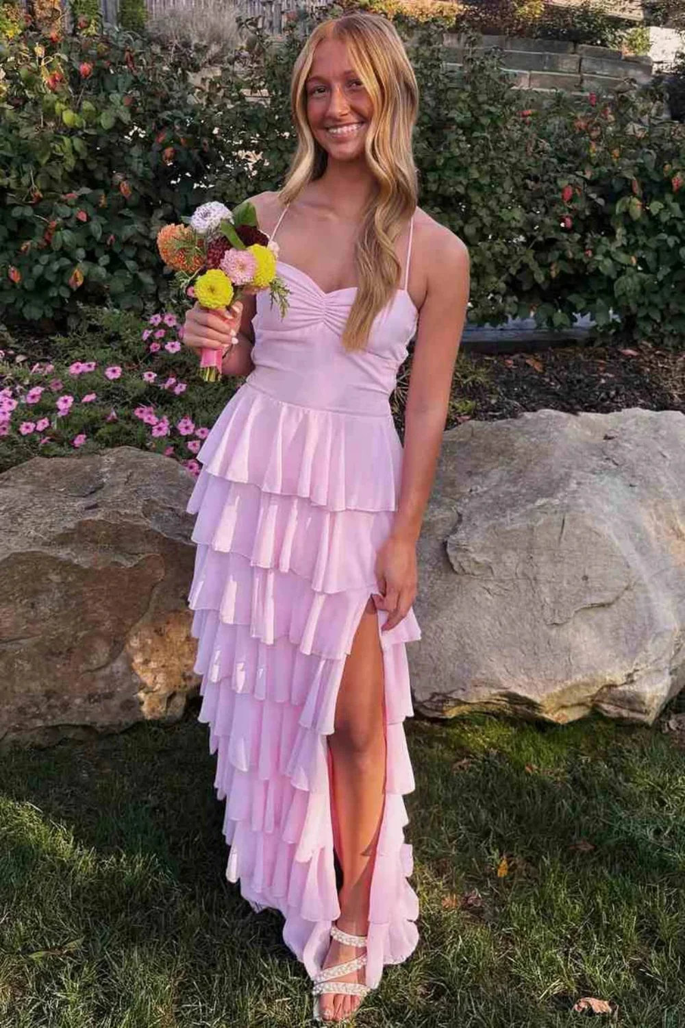 Blushing Pink Chiffon Sweetheart A-Line Floor-Length Bridesmaid Dress with Tiered Ruffles & High Slit