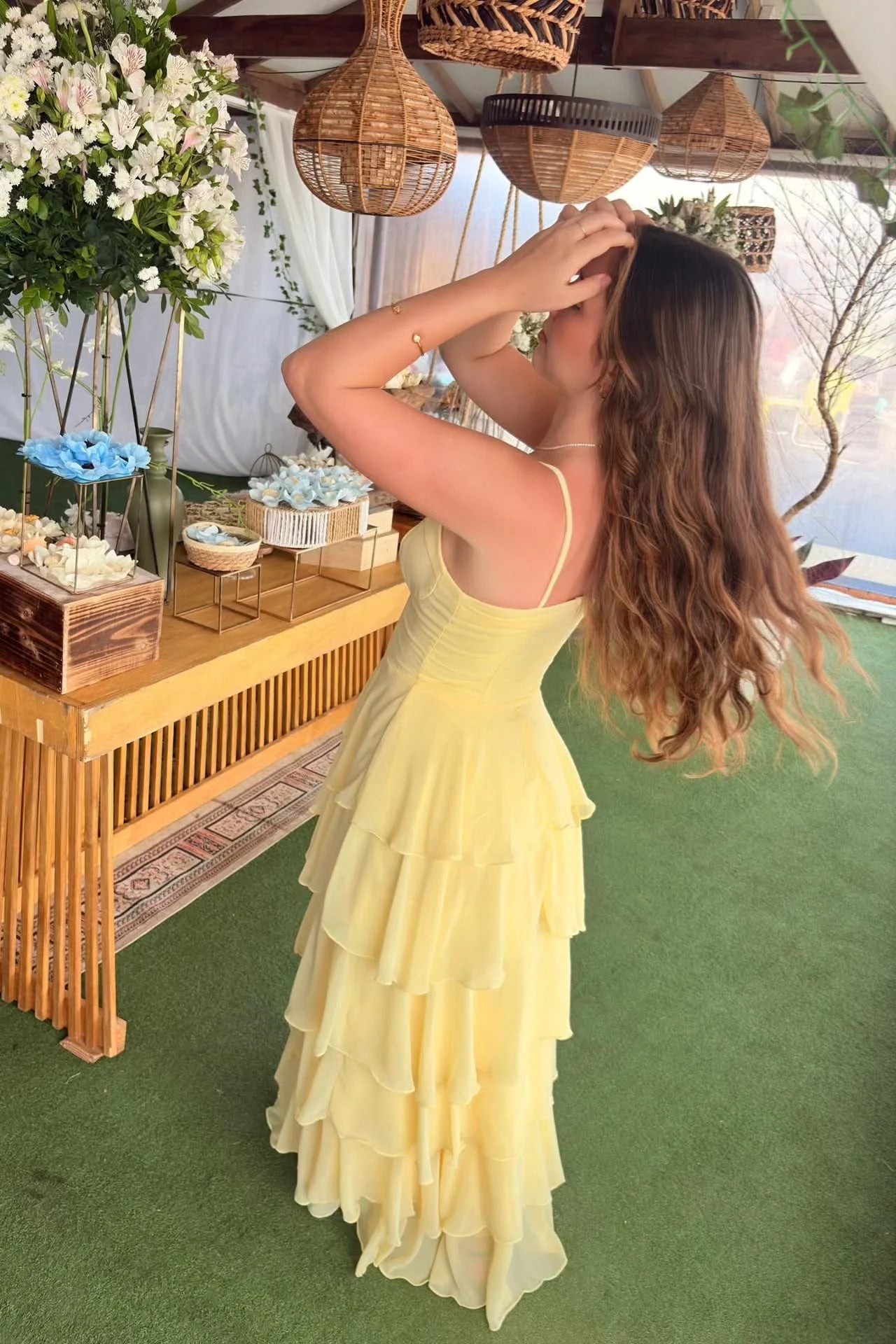 Butter Chiffon A-Line Ankle-Length Dress with Sweetheart Neckline & Tiered Ruffled Skirt