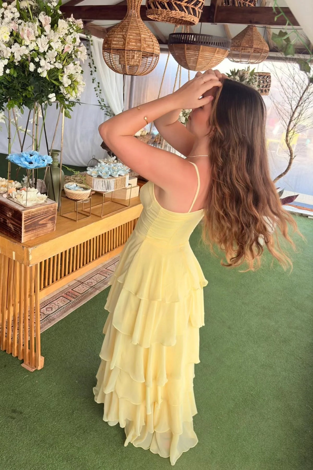 Butter Chiffon A-Line Ankle-Length Dress with Sweetheart Neckline & Tiered Ruffled Skirt