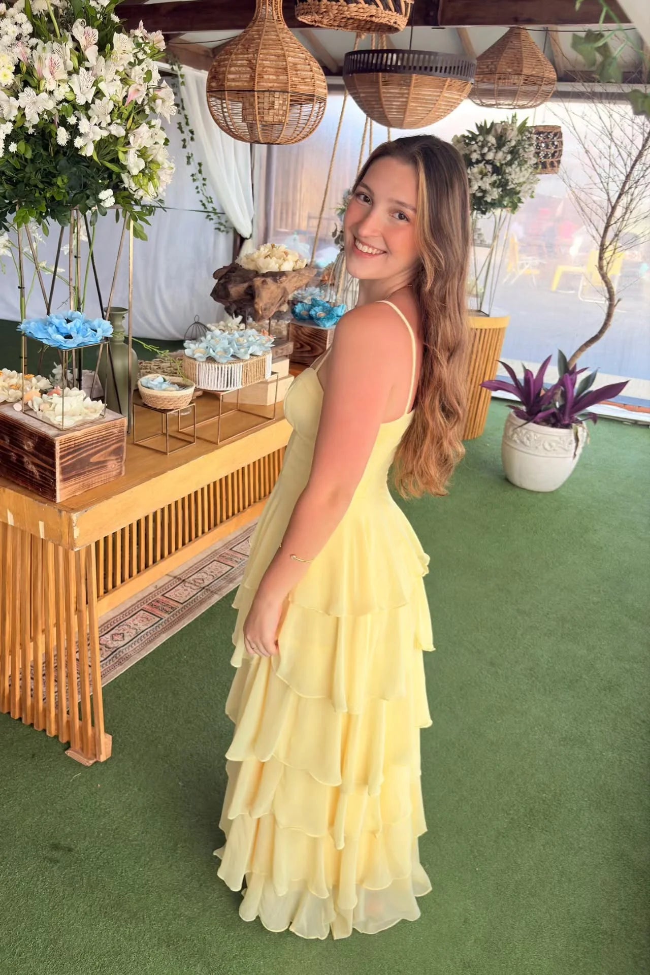 Butter Chiffon A-Line Ankle-Length Dress with Sweetheart Neckline & Tiered Ruffled Skirt