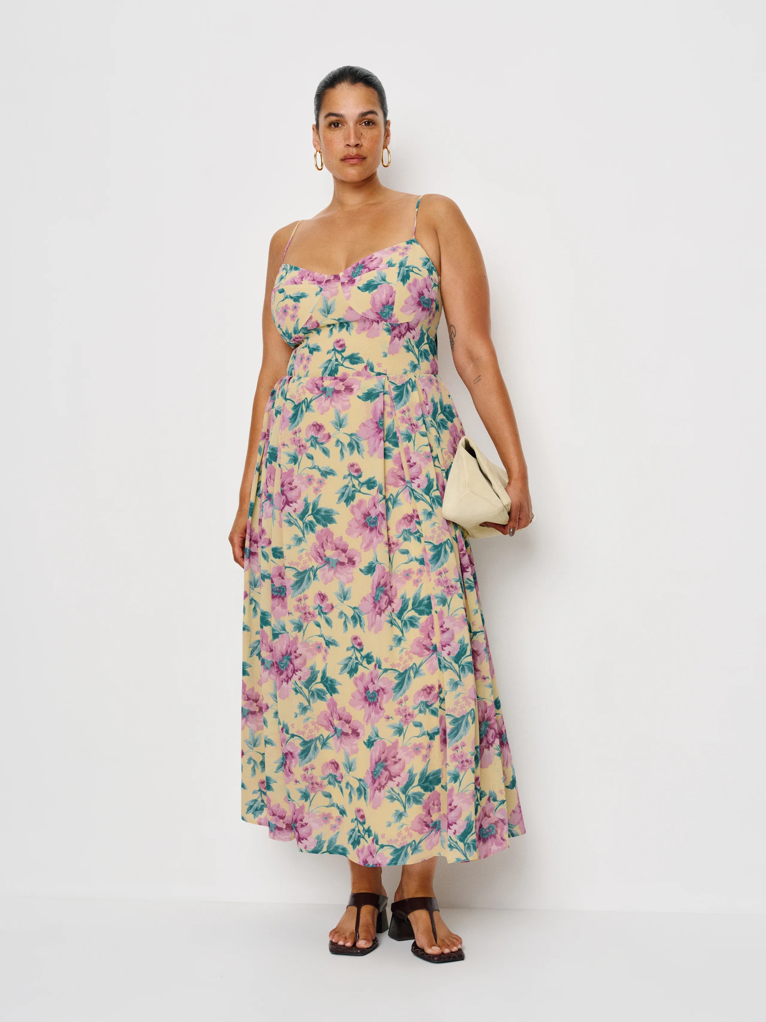 Flowy Yellow Floral Print Chiffon A-Line Sweetheart Neck Spaghetti Strap Midi Prom Dresses