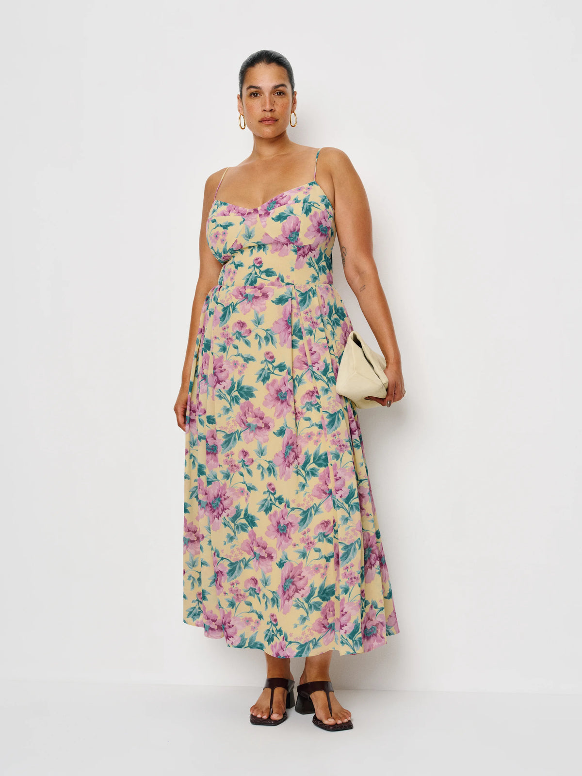 Yellow Floral Chiffon A-Line Sweetheart Midi Dress for Wedding Guests & Parties