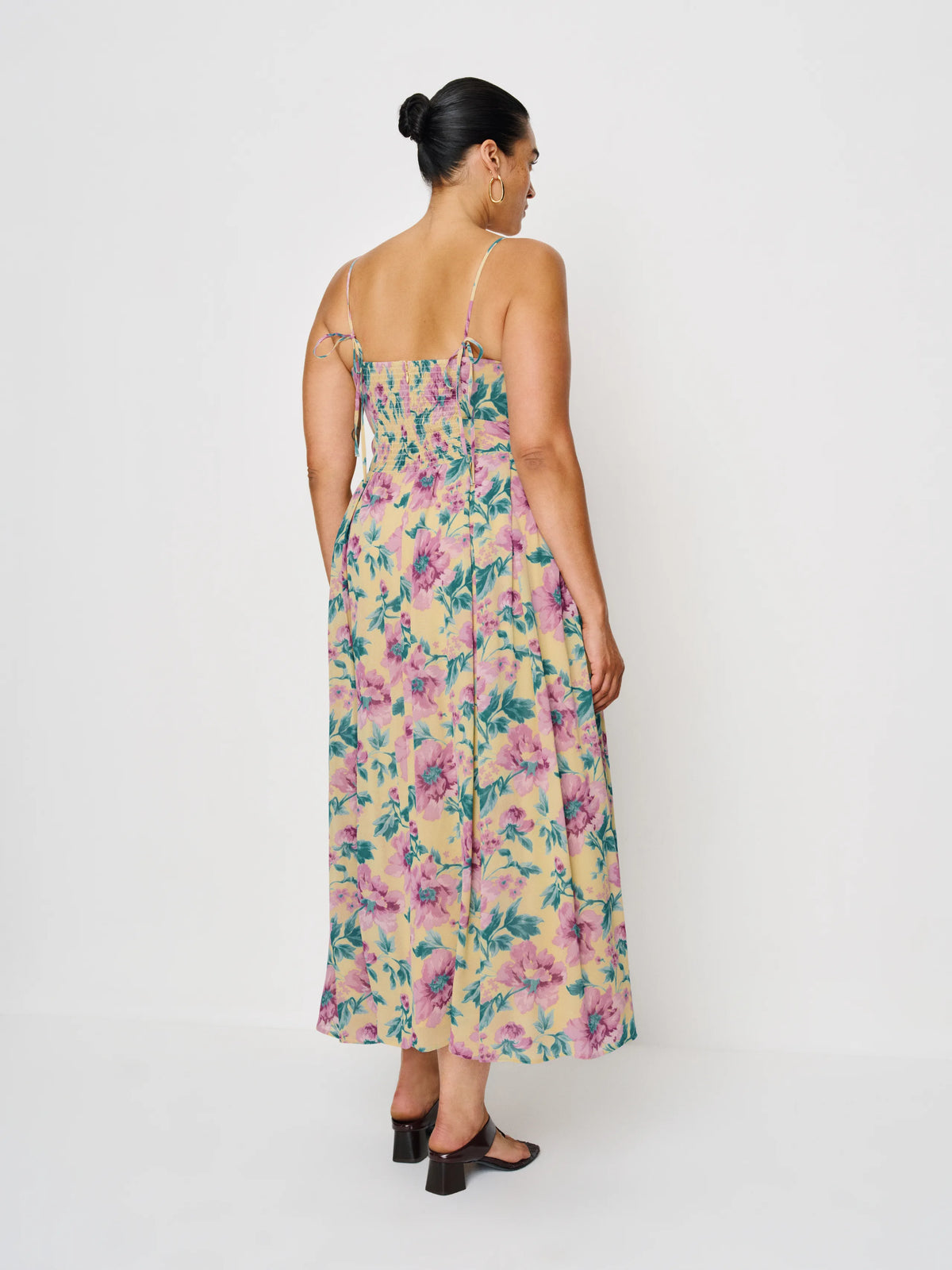 Yellow Floral Chiffon A-Line Sweetheart Midi Dress for Wedding Guests & Parties