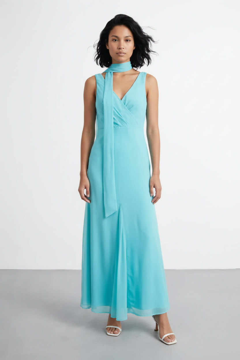Flowy Chiffon A-Line Draped V-Neck Sleeveless Low V-Back Floor-Length Evening Dresses