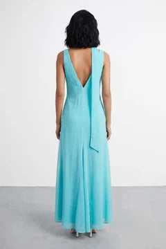 Flowy Chiffon A-Line Draped V-Neck Sleeveless Low V-Back Floor-Length Evening Dresses