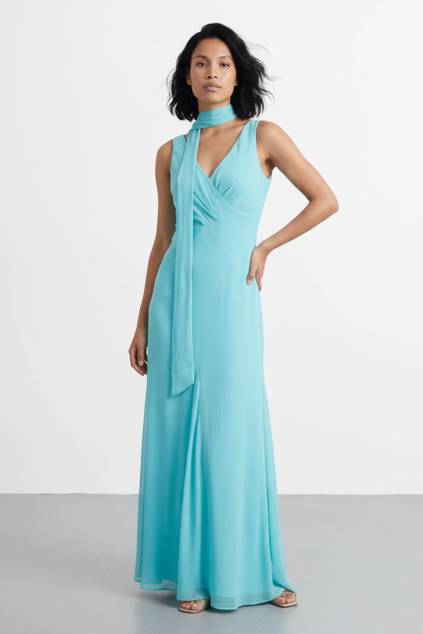 Flowy Chiffon A-Line Draped V-Neck Sleeveless Low V-Back Floor-Length Evening Dresses