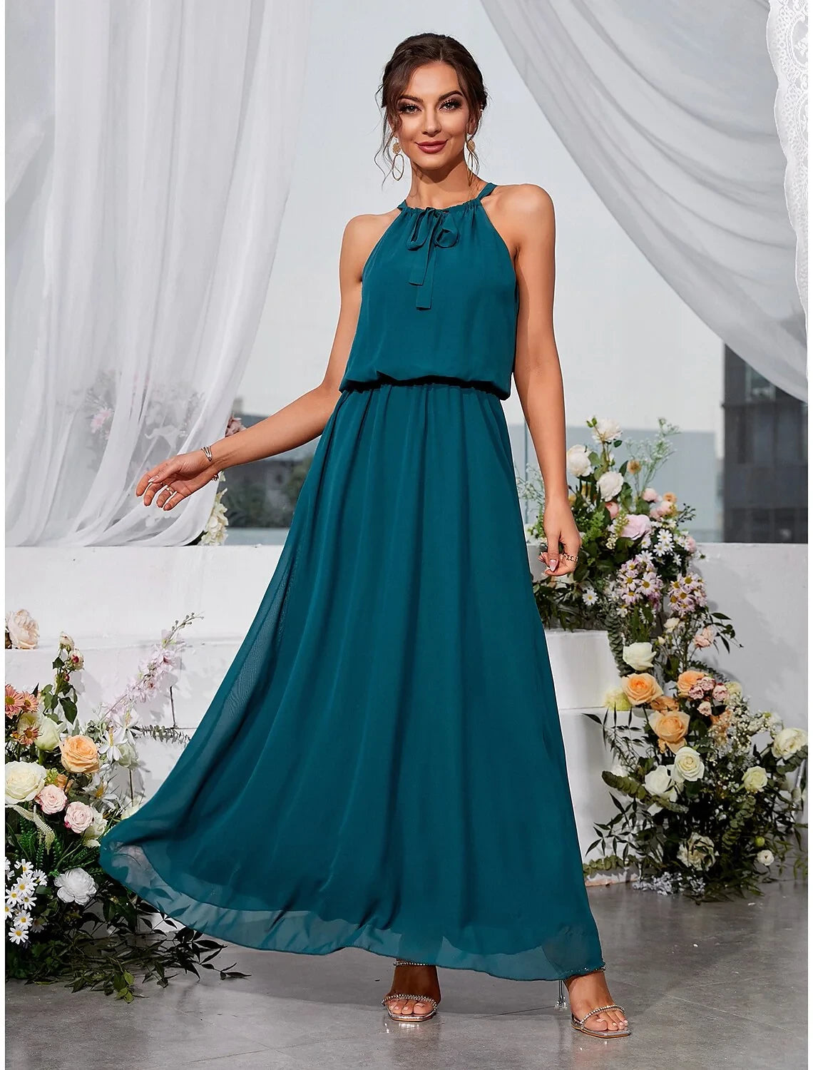 Flowy Chiffon A-Line Halter Sleeveless High Back Floor-Length Evening Dresses