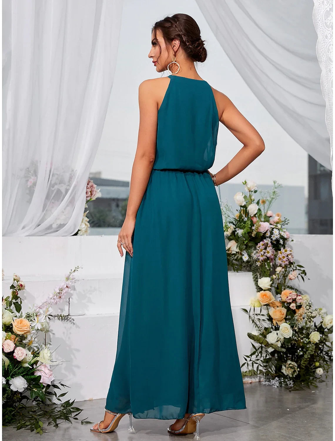 Flowy Chiffon A-Line Halter Sleeveless High Back Floor-Length Evening Dresses