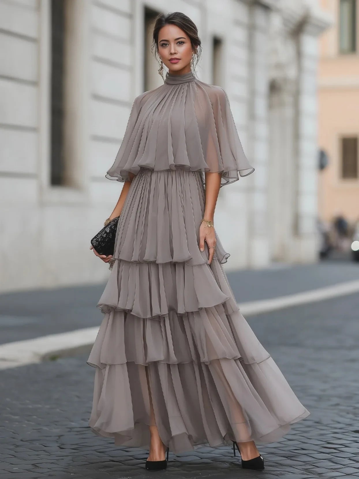 Flowy Chiffon A-Line High Neck Cape Sleeves High Back Floor-Length Tiered Evening Dresses