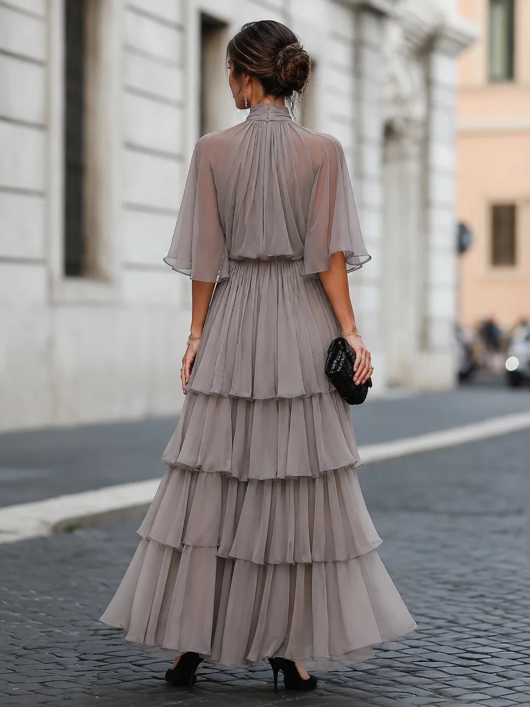 Flowy Chiffon A-Line High Neck Cape Sleeves High Back Floor-Length Tiered Evening Dresses