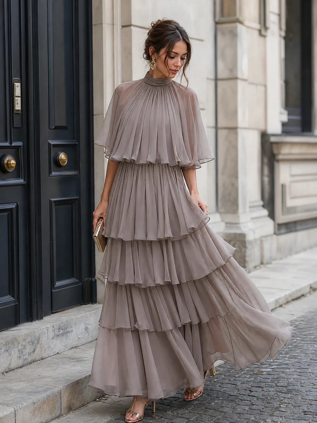 Flowy Chiffon A-Line High Neck Cape Sleeves High Back Floor-Length Tiered Evening Dresses