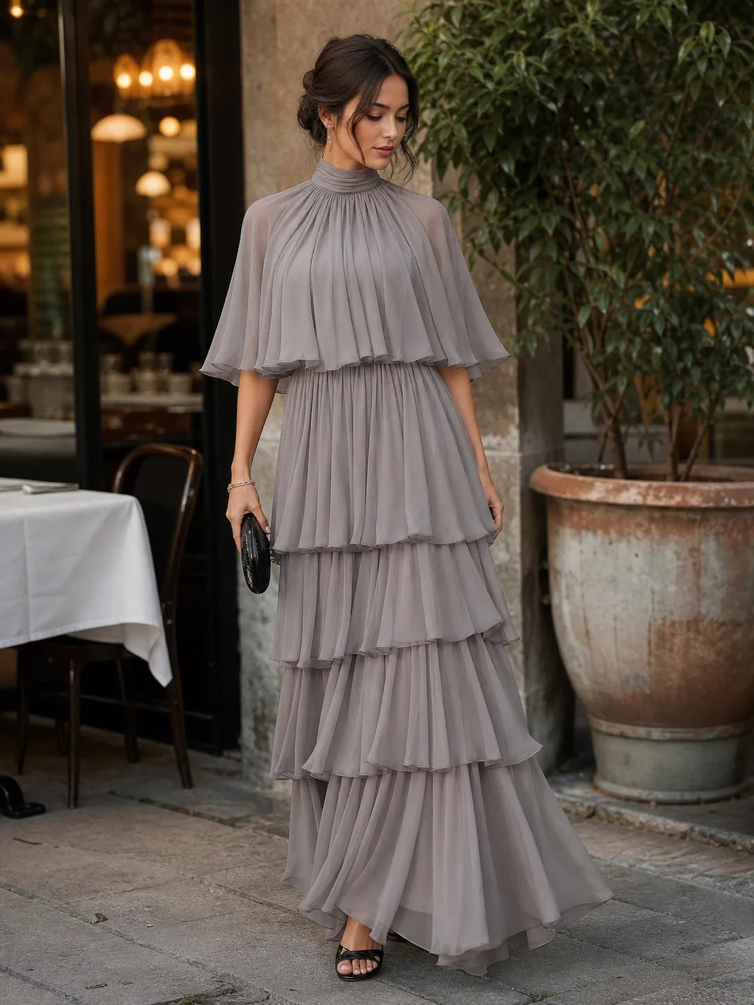 Flowy Chiffon A-Line High Neck Cape Sleeves High Back Floor-Length Tiered Evening Dresses
