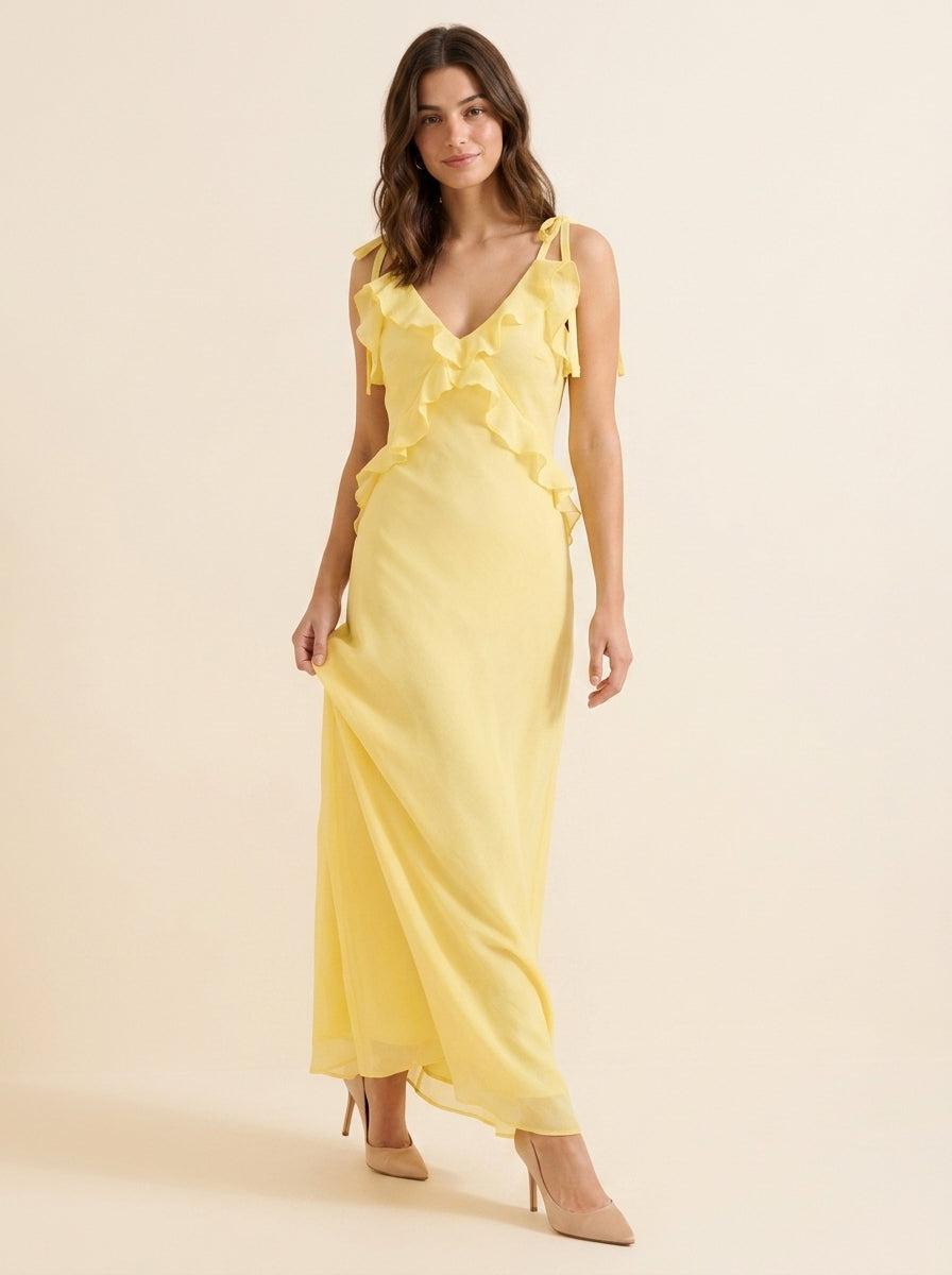 Flowy Chiffon A-Line Ruffled V-Neck Sleeveless Tie-Shoulder V-Back Floor-Length Evening Dresses
