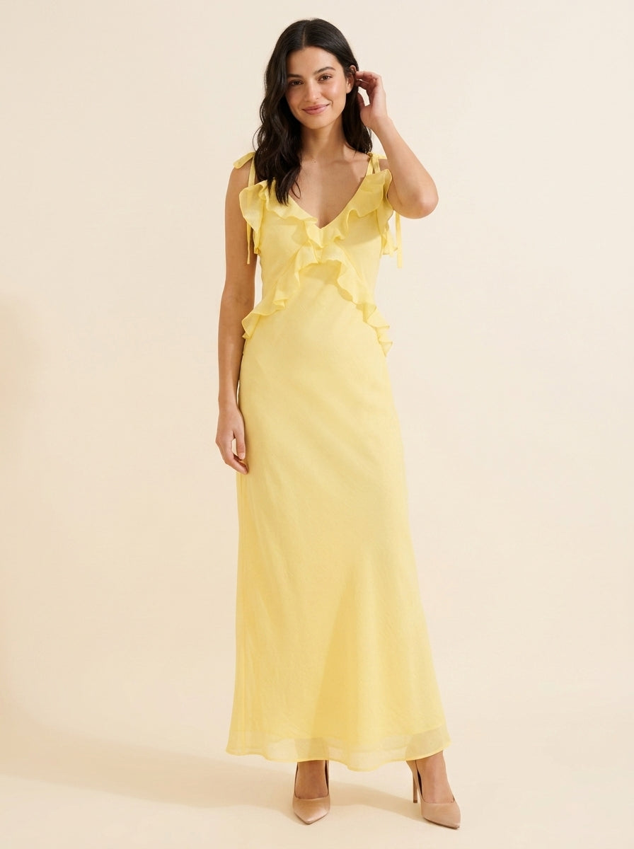 Flowy Chiffon A-Line Ruffled V-Neck Sleeveless Tie-Shoulder V-Back Floor-Length Evening Dresses