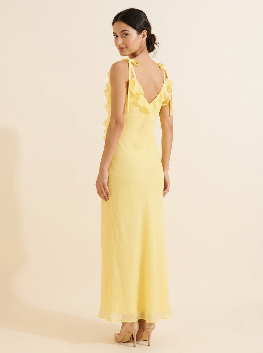 Flowy Chiffon A-Line Ruffled V-Neck Sleeveless Tie-Shoulder V-Back Floor-Length Evening Dresses