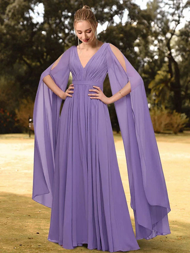 Flowy Chiffon A-Line V-Neck Cape Sleeve V-Back Floor-Length Evening Dresses