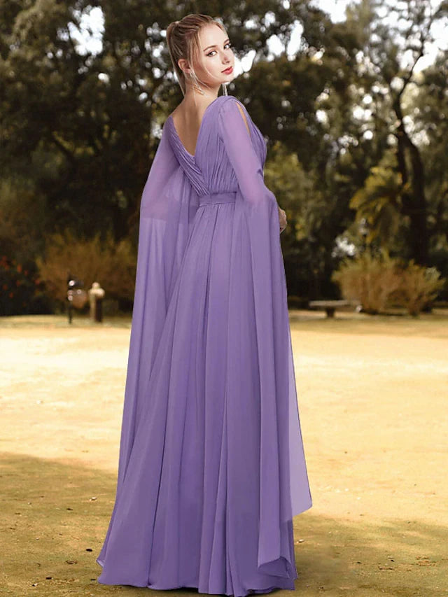 Flowy Chiffon A-Line V-Neck Cape Sleeve V-Back Floor-Length Evening Dresses