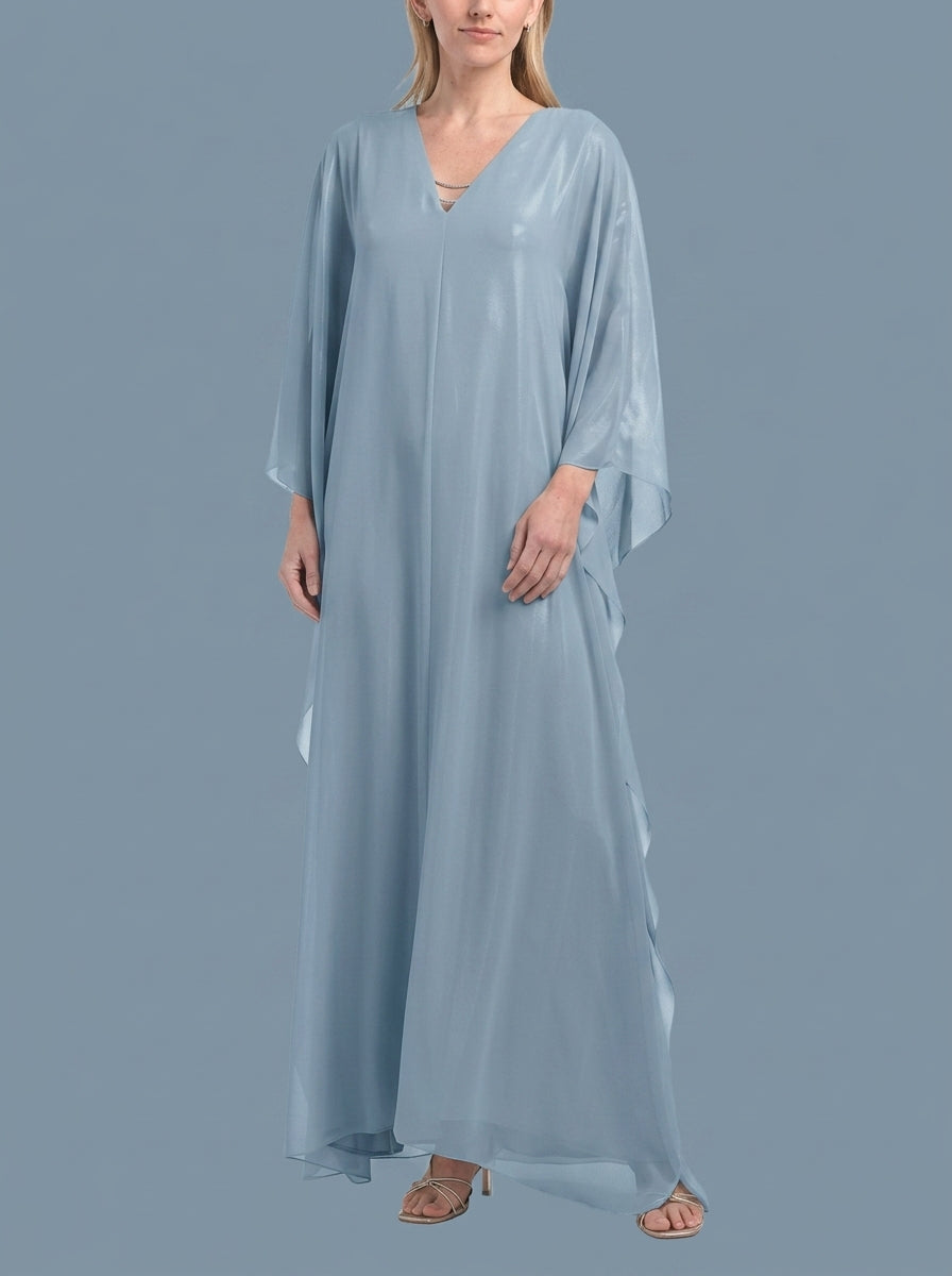 Flowy Chiffon A-Line V-Neck Flutter Sleeve Zipper Back Floor-Length Evening Dresses