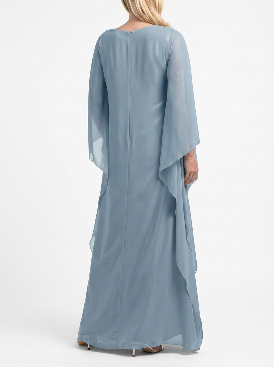 Flowy Chiffon A-Line V-Neck Flutter Sleeve Zipper Back Floor-Length Evening Dresses