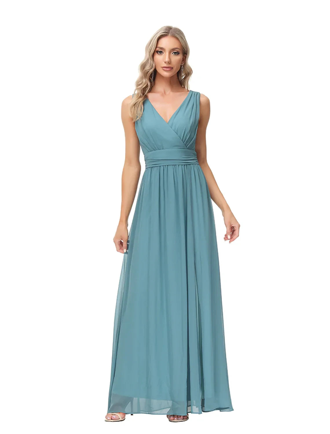 Flowy Chiffon A-Line V-Neck Sleeveless Zipper Back Floor-Length Evening Dresses with Slit