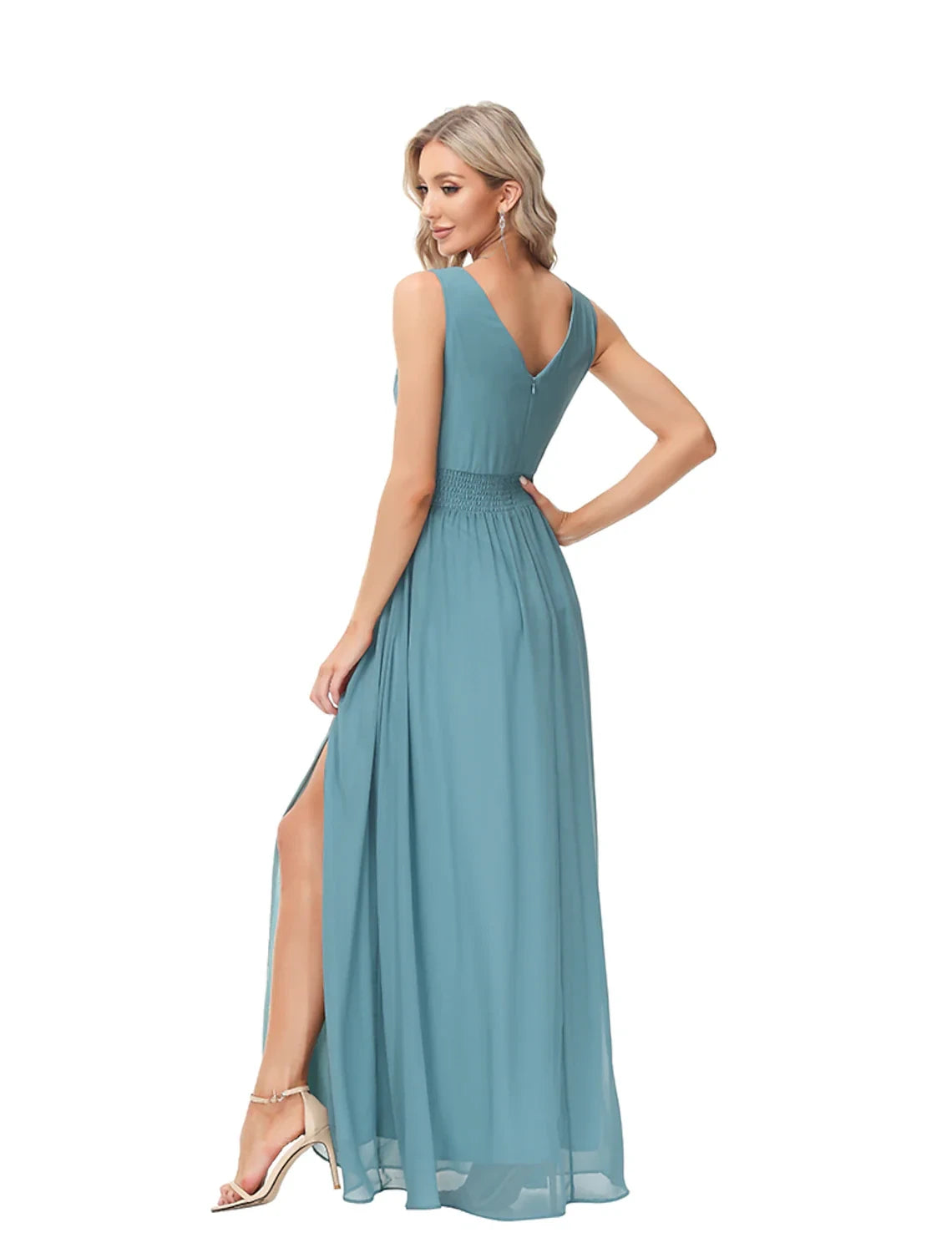 Flowy Chiffon A-Line V-Neck Sleeveless Zipper Back Floor-Length Evening Dresses with Slit